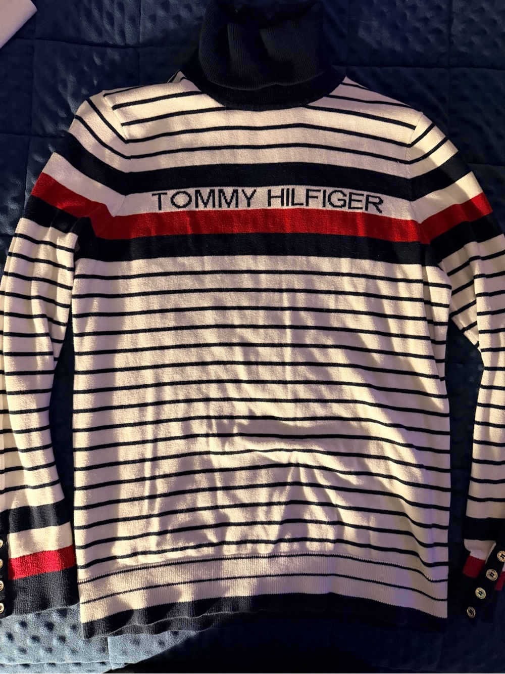 Tommy Hilfiger Navy, White & Red Striped Turtleneck Sweater - Size M